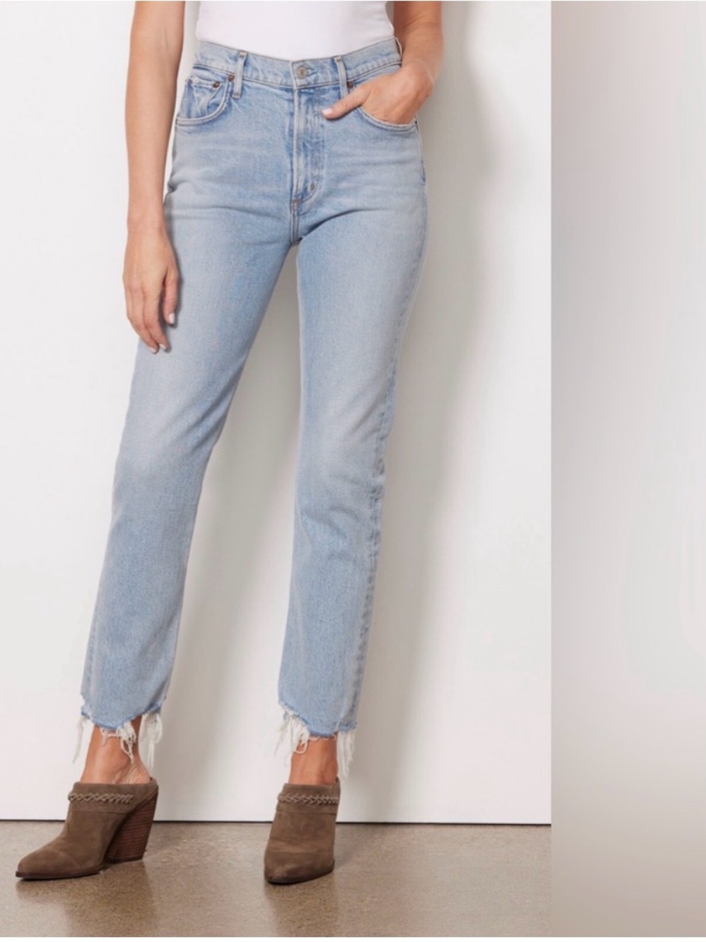 AGOLDE Merrel Light Blue Mid-Rise Straight stretch Jeans with unfinished hem 27